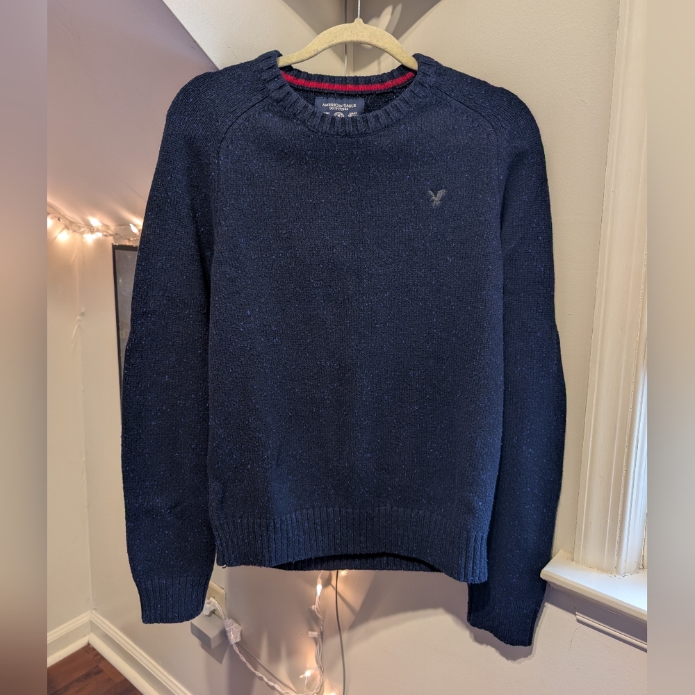 Y2k Vintage American Eagle Outfitters Blue Crewneck Knit Sweater Elbow Patches